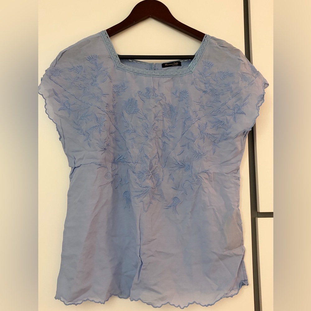 Massimo Dutti Light Blue Embroidered Short Sleeve Blouse